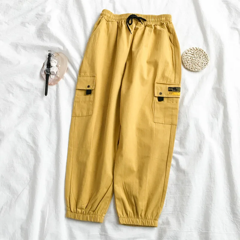 yellow pants Woherb/Харадзюку BF брюки карго с карманами, высокая талия, свободные брюки, женские брюки до щиколотки, модные новые уличные брюки 91155 - Цвет: yellow pants