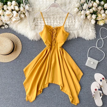 

Beach Women's Seaside Holiday Dress Lady Sexy Irregular V Neck Sleeveless Solid Color Vestidos Verano L200