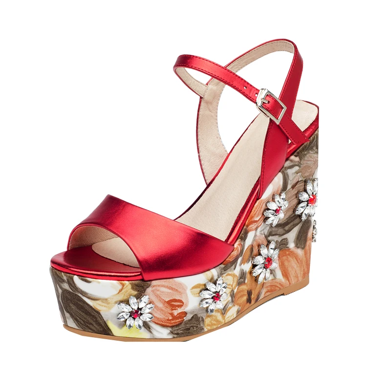 

KNCOKAREuropean station summer new leather wedges and sandals fashion water drill super-high heels thick platform platform s