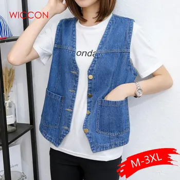 

Autumn Short Jeans Vest Female Denim Vest For Girls Hole Blue Women Waistcoat Sleeveless Jacket Student Slim Coat
