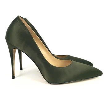 

Pointed Toe High Heel Women Stiletto Pumps Satin Red Black Army Green Chocolate Party Dress Shoes Handmade Big Chart 12cm EU46