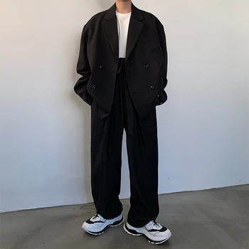 

Male Vintage Fashion Streetwear Hip Hop Blazer Coat Outerwear Men Double Breasted Casual Loose Suit Jacket