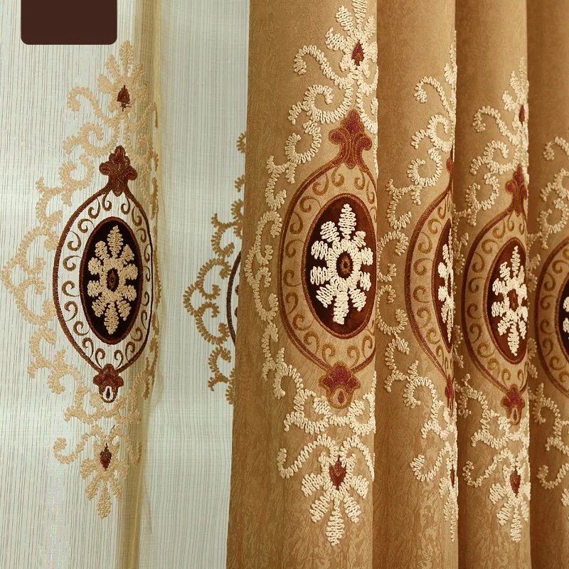 brown curtains Коричневые или зеленые шенилловые жаккардовые европейские роскошные классические декоративные шторы с вышивкой для гостиной/спальни - Цвет: brown curtains