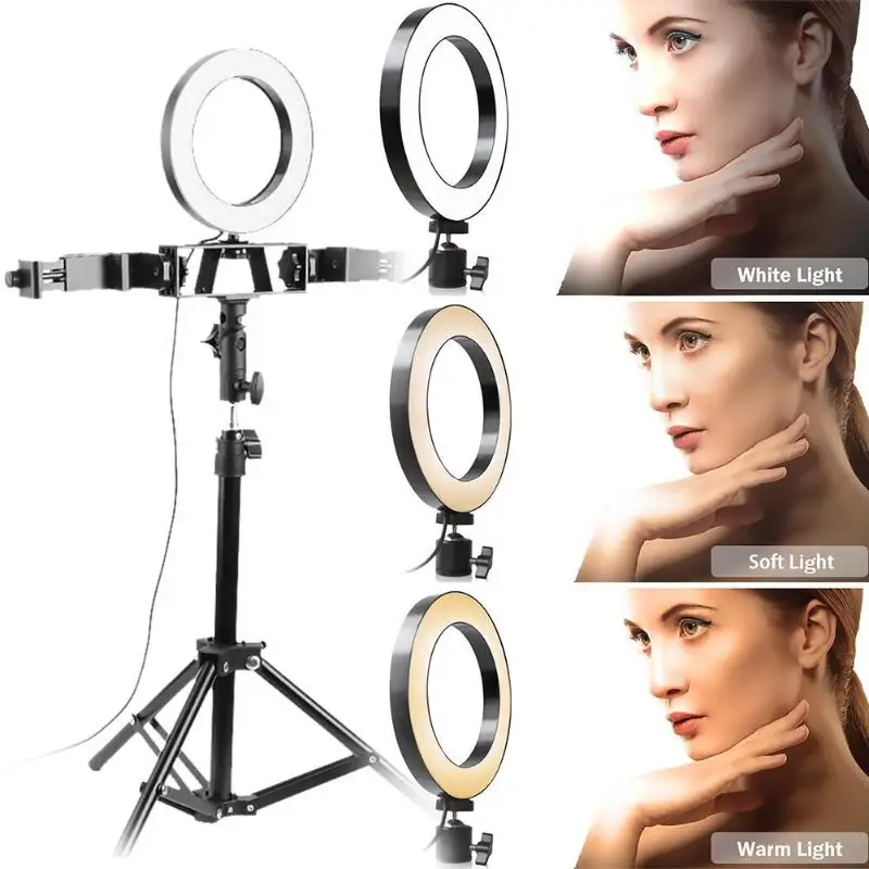 6" Dimmable Ring Light Selfie Live Stream Lighting& Adjust Stick Stand& Mirror/Phone Holder