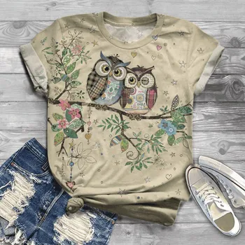 

Owl Flower Print Shirt Women Casual Short Sleeve O Neck Tee Tops For Female Cartoon Cute T-shirts Femmer Clothes Plus Size
