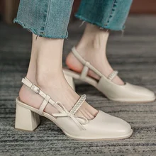 

Summer 2021 New Woman Sandals Fashion Bow Knot Pearl Square Toe High Heel Mary Jane Shoes Woman Platform Sandals for Women