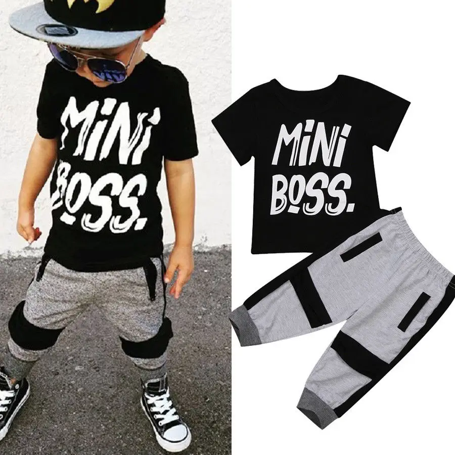 Горячая Распродажа, милая Одежда для мальчиков, 2 предмета, футболка для маленьких мальчиков, топы, штаны, комплект одежды, повседневная одежда с надписью «mini boss», 1-6 лет