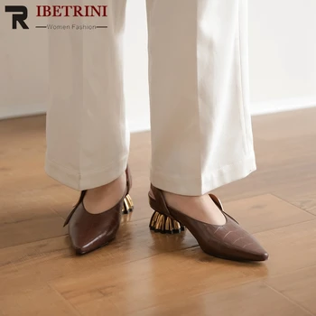 

RIBETRINI Solid Genuine Leather Summer Girl Sandals Pointd Toe Back Strap Metal Style Strange Mules Women Handmade Shoes Woman