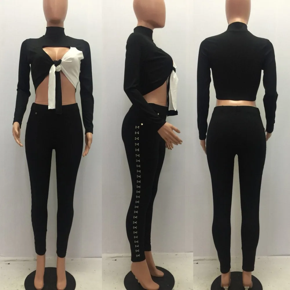 Комбинезон с панталонами femme elegante, черный и белый цвета, бандажный комбинезон со шнуровкой для женщин, боди с длинными рукавами, комплект из двух предметов S245