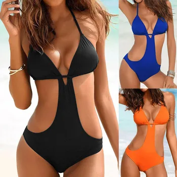 

2020 Hot Sexy Women's Bathing Suit Push Up Bandage Padded Jumpsuit Solid Color Halter Lengerie Female Intimates Traje de baño