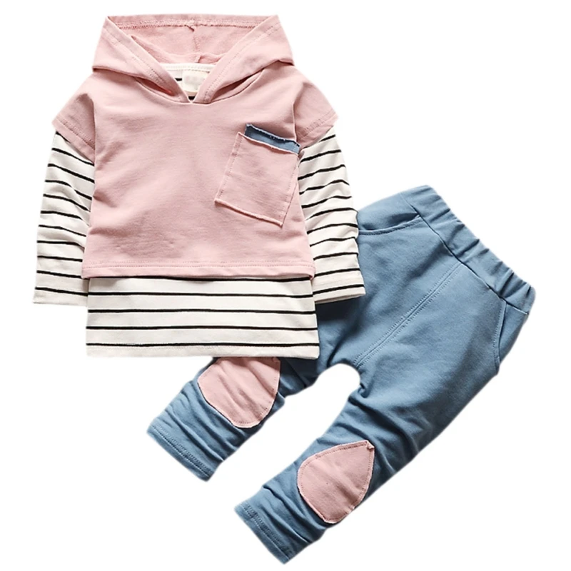 

Autumn Toddler Suit Boys Girls Children Clothing Long Sleeve Striped Hoodie Tops + Denim Pants Boys Sets