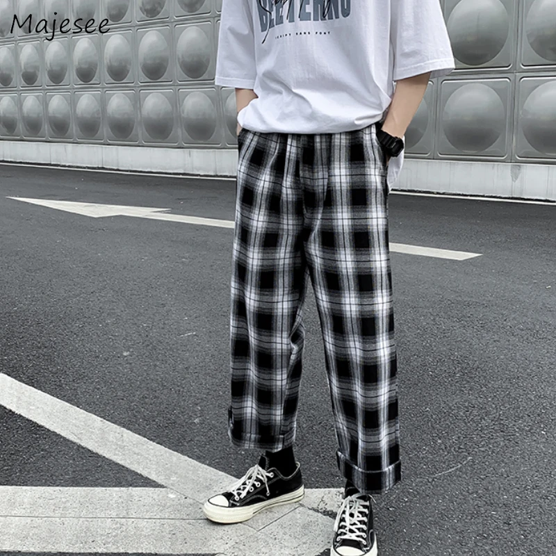 Casual Pants Men Straight Harajuku Streetwear Korean Style Plaid Ankle-length Elastic Waist Students Trousers All-match Retro Casual Pants