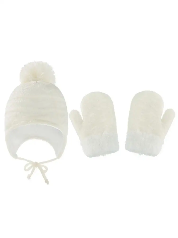 Warm Kids Knitted Hats With Ear Flaps Breathable Baby Thermal Mitten Caps Set Windproof Children Fleece Lined Knitted Hat 2 Piec