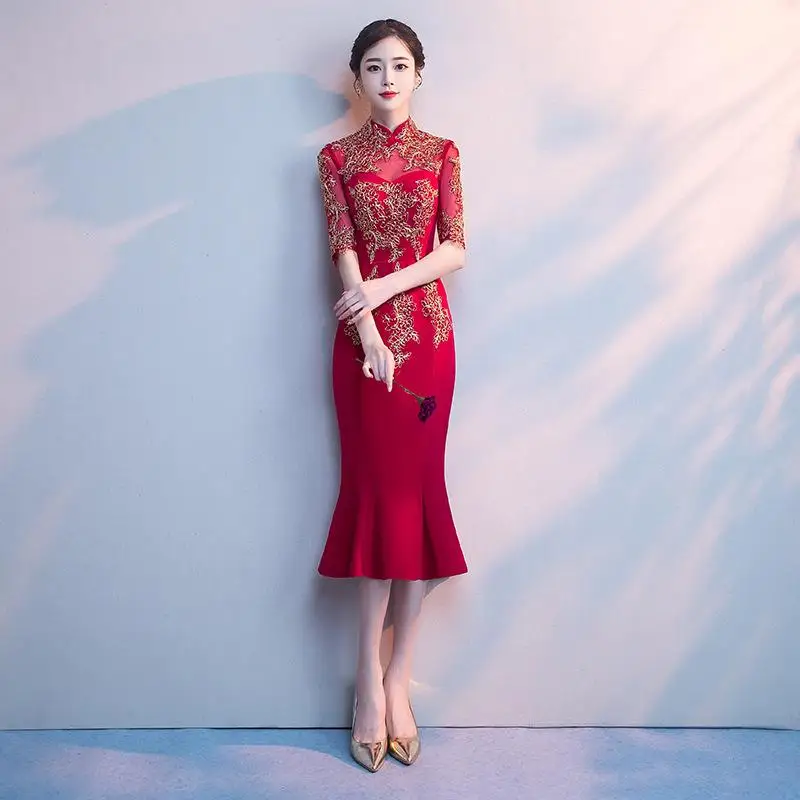 Темно-Красное длинное платье невесты Cheongsam бальное платье восточные женские свадебные Qipao элегантный в китайском стиле Вечерние платья Vestido XS-3XL - Цвет: Dark Red - A