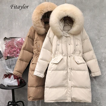 

Fitaylor Large Natural Fox Fur Collar Hooded Long Down Parka Warm 90% White Duck Down Parka Female Sash Tie Up Thick Snow Coats