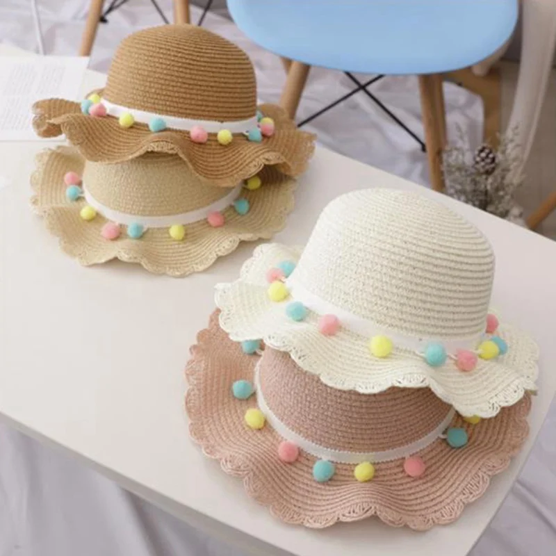 

Summer Straw Hat Woven Hand Bag For Children Girl Lovely Small Ball Decorate Sun Protection Outdoor Straw Fisherman Hat