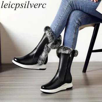 

Women Boots Autumn Winter Med Heel Warm Fur Mid-Calf Pu Zip Wedges Platform Snow Shoes 2018 Sexy New Fashion Casual Black White