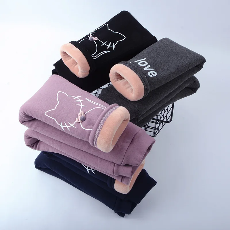 

ULKNN Leggings For Girls Winter Pants Children Thick Plus Velvet Warm Trousers Fleece Elastic Waist Cotton Comfortable Clothes