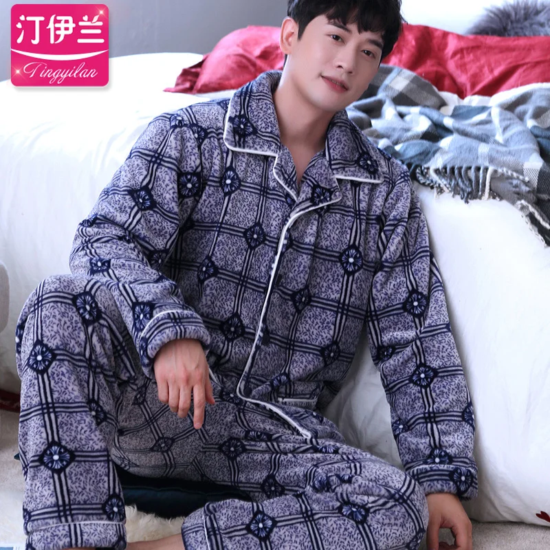 Китайский дракон Пижама мужской кардиган с длинными рукавами Мужская пижама комплект Мужская Толстая теплая Фланелевая Пижама для мужчин костюм для сна домашняя одежда - Цвет: 023