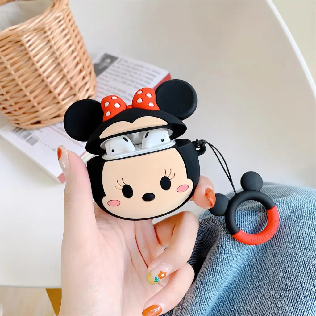 

Cute Cartoon Mouse Head Pattern With Anti-lost Lanyard Earphone Case For Apple Airpods 1 2 Silicone Protection Headphone Cover