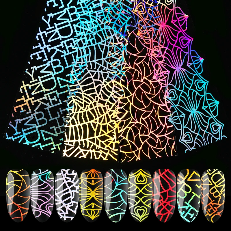 1 пакет Фольга для ногтей голографическая Сверкающие Красочные цветы буквы линии смешанные узоры переводные наклейки для ногтей украшения для ногтей