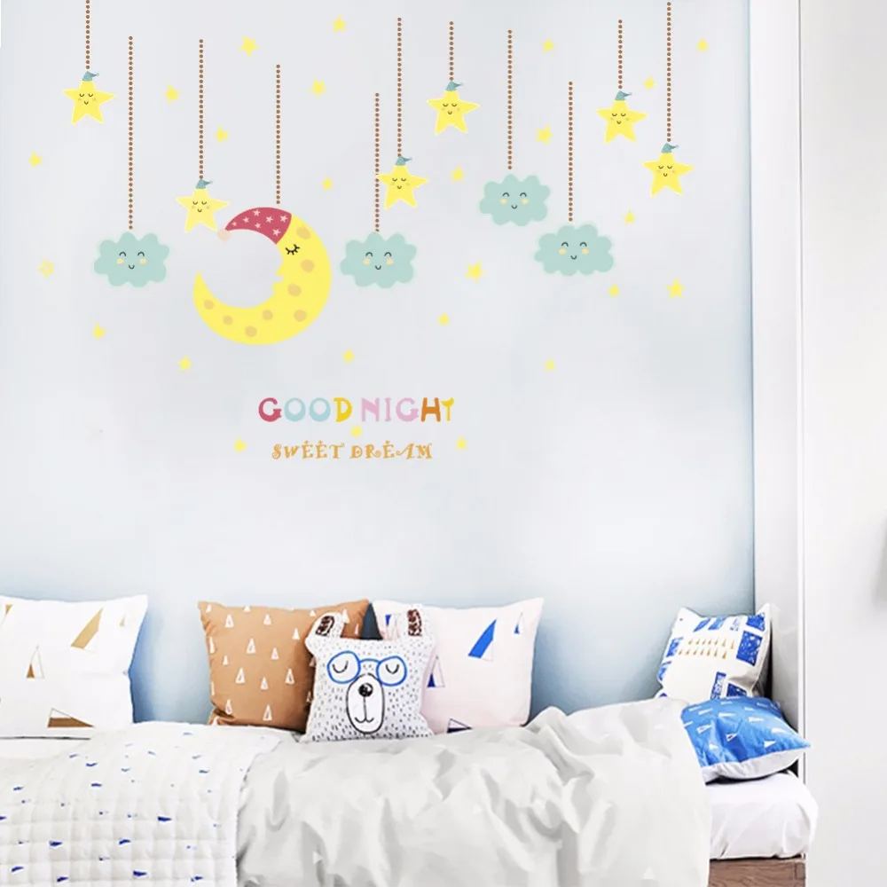 Hangintg Moon Stars Wall Stickers Goodnight For Kids Room Living Room Home Decoration