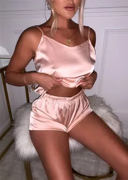 

Women Casual Sleepwear And Pajamas Sleeveless Top Vest And Shorts set elegant Ladies Underwear sleepwear Pajama femme Night Suit