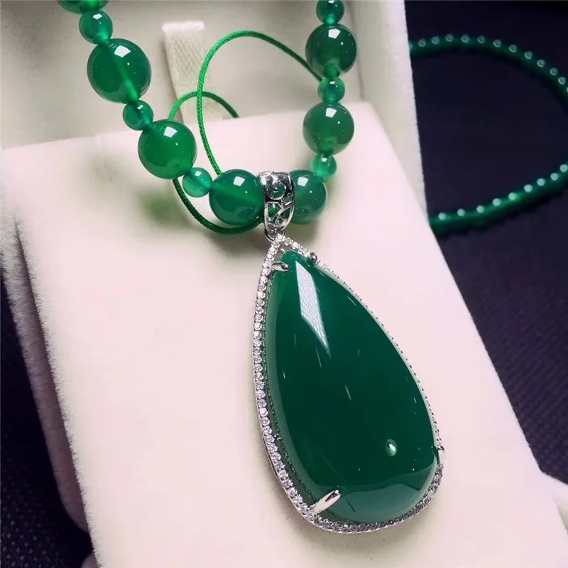 LETSFUN Fine Jewelry 925 Серебряный инкрустированный Натуральный Зеленый Халцедон подвеска в форме капель воды ожерелье свитер цепь Подарки