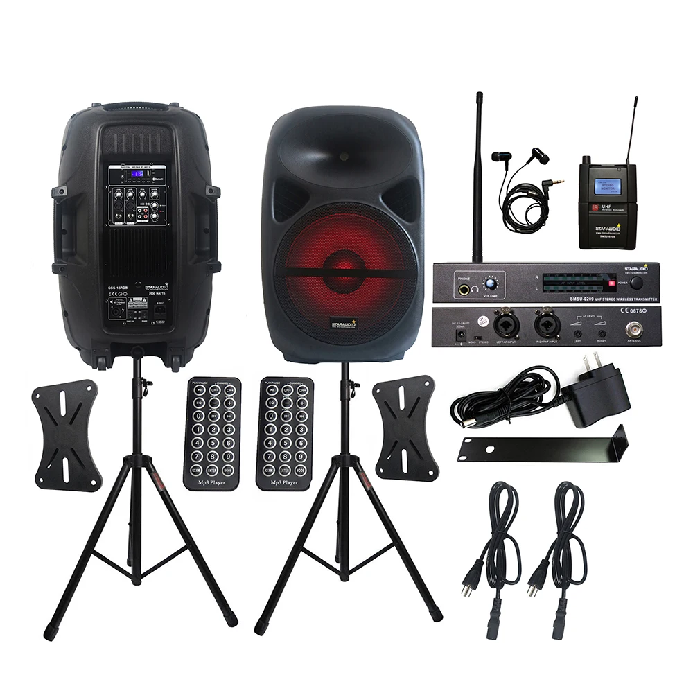 

STARAUDIO 2X 15" PA 2500W DJ Powered Audio Active Speakers LED Light Speaker Stands 1 Channel UHF Wireless Headset Mic SCS-15RGB