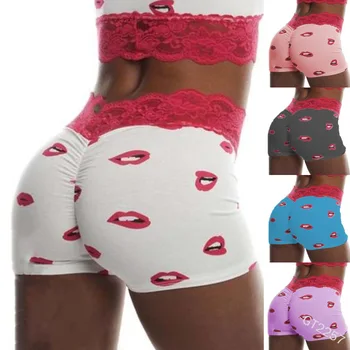 

Women Lace Shorts Sexy Lipstick Pattern Print High Waist Design Summer Shorts