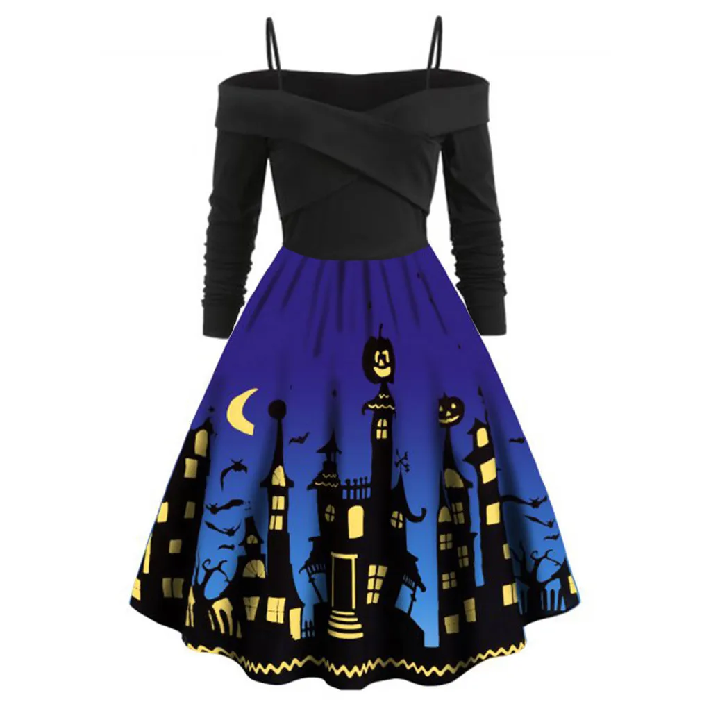 Women Pumpkin Party Print Dress Halloween Long Sleeve V Neck Vintage Casual Sexy Dresses vestido corto mujer FD