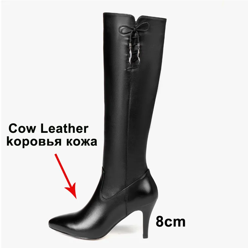 Meotina/зимние сапоги до колена; женские высокие сапоги из натуральной кожи на тонком каблуке с бантом; обувь на очень высоком каблуке на молнии; Женская Осенняя обувь; 39