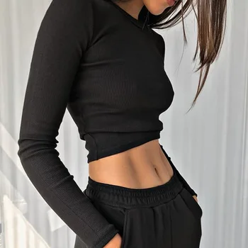 O Neck Long Sleeve Shirt Women Ribbed Sexy Cropped Tops 2022 Spring Black Casual Skinny Slim Basic Woman T Shirts White 2