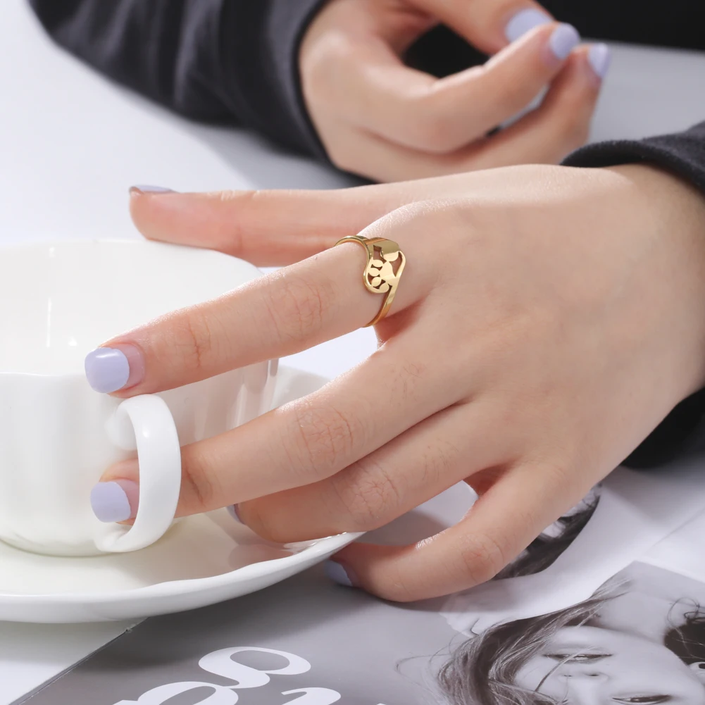 Cute Dog Paw with Heart Rings for Girls Stainless Steel Ring Jewelry - PeticaDeals