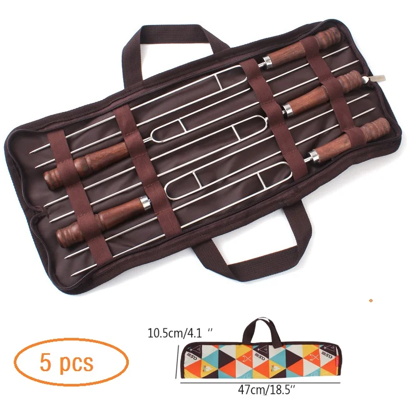 5pcs U-shaped Stainless Steel Barbecue Skewers Grill BBQ Stick Wooden Handle BBQ Forks Outdoor Needle Accessories Cooking Tools