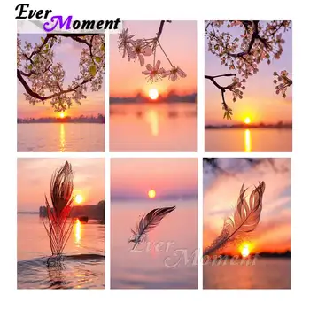 

Ever Moment Diamond Painting Feather Sunset Cherry Blossoms Full Square Resin Drill DIY Embroidery Home Decoration 3F2371
