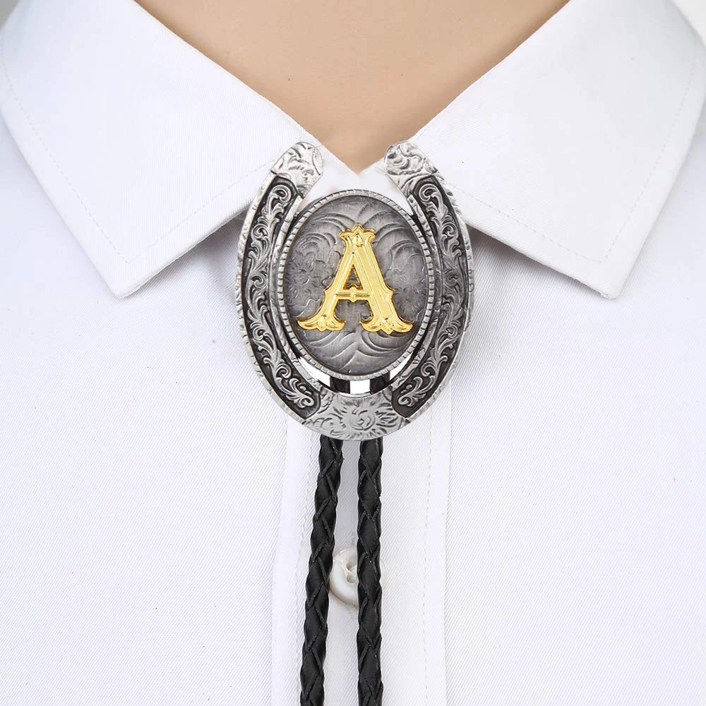 Vintage Gold Letter ABCDEFG-Z U shape bolo tie for man Indian cowboy western cowgirl leather rope zinc alloy necktie woven necktie