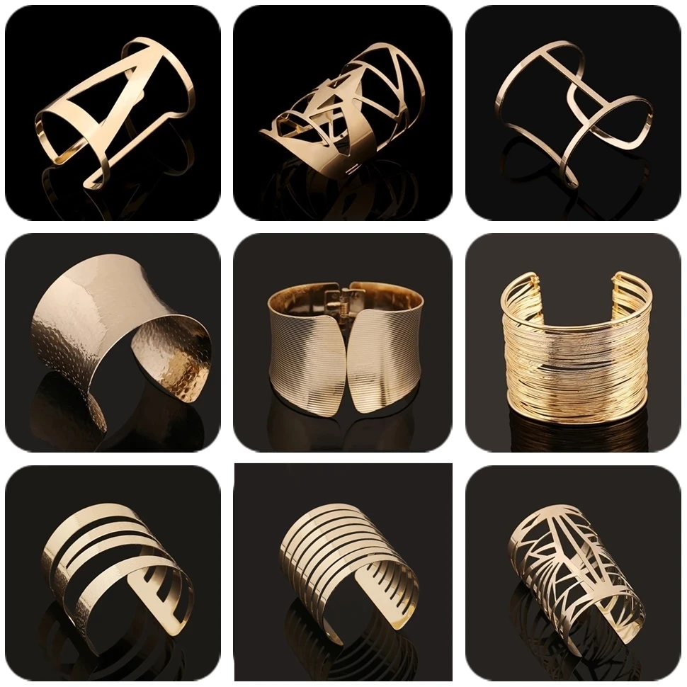 Bangle Bracelet Gold Silver Color Hollow Wide Cuff Bracelets Bangles For Women Men Punk Geometric Alloy Open Big Bangle Bracelet