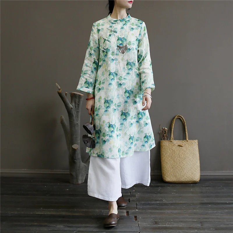 Johnature женское платье с цветочным принтом, льняное винтажное платье Cheongsam, осень, новое свободное высококачественное женское платье в китайском стиле
