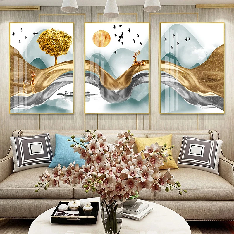 

Nordic Abstract Golden Ribbon Tree Deer Landscape Canvas Painting Luxury Wall Art Poster and Prints Mural Picture Interior Decor