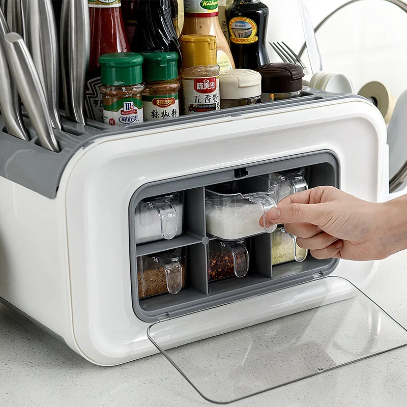 Multi-function Kitchen Organizer Storage Box Pantry Organizer Kitchen Shelf Condiment Box 6 Grids Kitchen Holder With Dust Cover