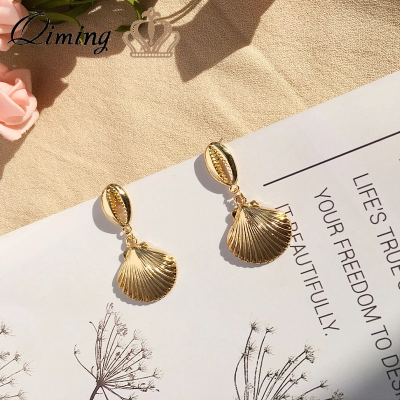 

QIMING Fashion Women Bohemian Style Gold Starfish Conch Cowary Shell Big Circle Drop Earrings High Quality Shell Dangle Earrings