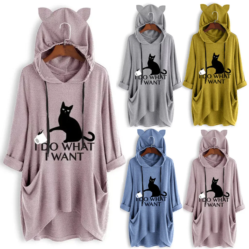 Jaycosin Women Casual Print Cat Ear Hooded Long Sleeves Pocket Irregular Casual Cool Chic New Look Pullover Tops Blouse