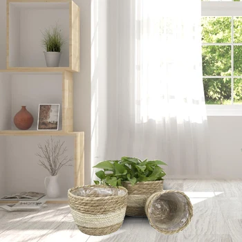 

3pcs Countertop Seagrass Flower Pot Planter Basket With Interior Plastic Coating Storage Box Natural Home Decor Indoor Outdoor