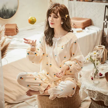 

Sweet Lolita Cute Flannel Pajamas for Women Girls Autumn Winter Long Sleeve Korean Fashion Lace Sleepwear Lingerie Lounge Sets