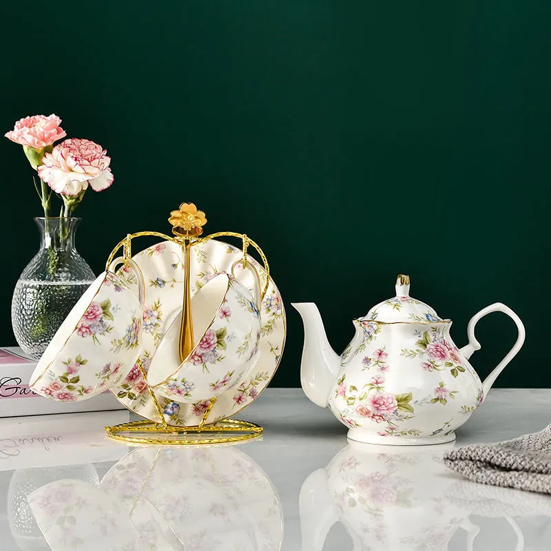 European Bone China Tea Set English Afternoon Tea Cup Set Teapot High-Grade Porcelain Coffee Pot 1 TeaPot 2 Cups and Saucers tea cup tea set