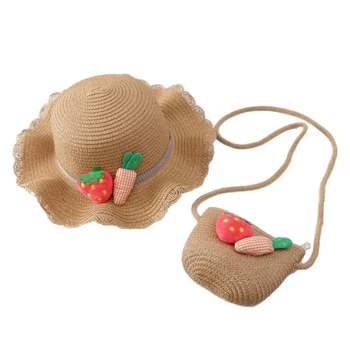

2 Pcs Set Kids Girls Straw Woven Sun Protection Beach Hat Summer Cute Bucket Cap Portable Handbag