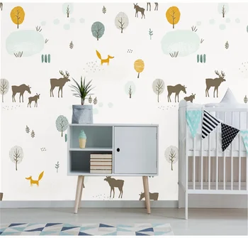

Xuesu Hand painted elk big tree fox cartoon animal children bedroom background wall painting custom wallpaper photo wall
