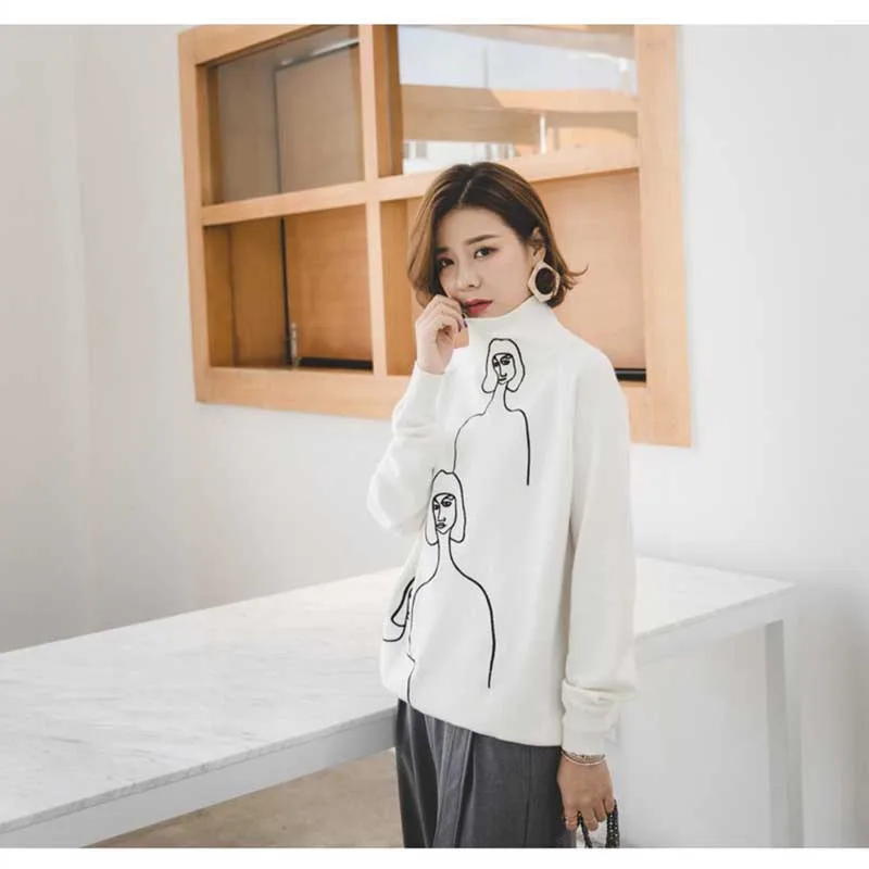 Ladies Spring White Turtleneck Sweaters Female Fashion Abstract Character Embroidery Knitting Tops Casual Long Sleeve Tops Ladies Spring White Turtleneck Sweaters Female Fashion Abstract Character Embroidery Knitting Tops Casual Long Sleeve Tops