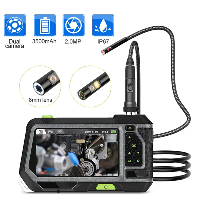 Dual Lens Industrial Endoscope 5 Inch 1080P HD LCD Screen IP67 Waterproof Borescope Inspection Camera with 6 LED Lights
